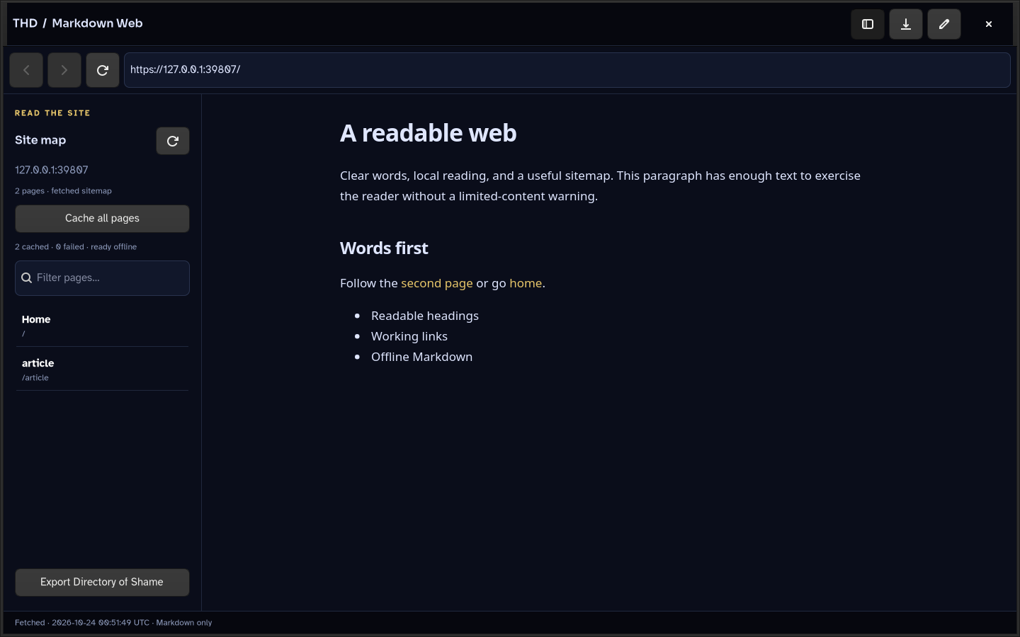 THD Markdown Web showing a sitemap sidebar beside a converted Markdown article
