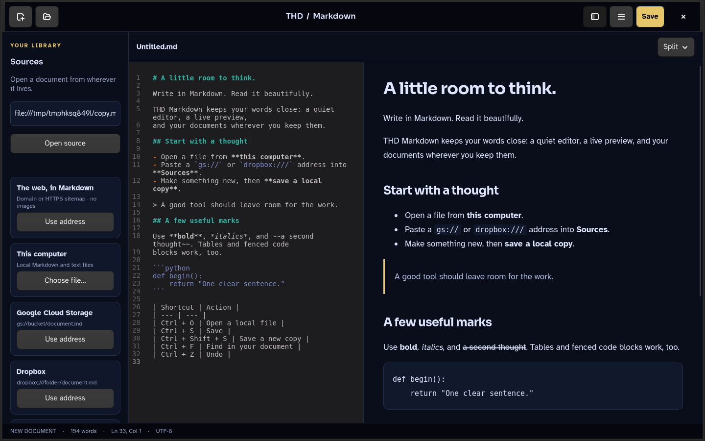 THD Markdown editor showing source text, connected sources, and a formatted preview