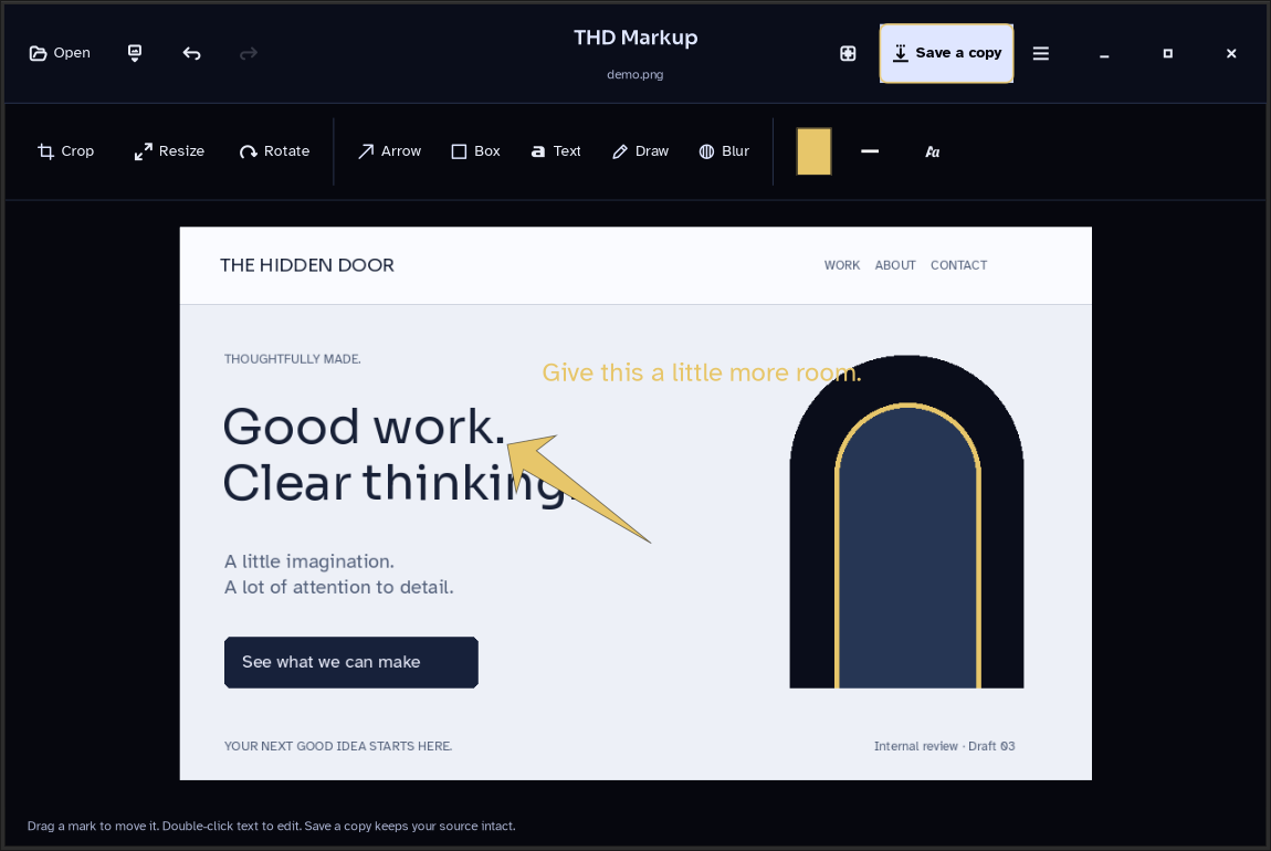 THD Markup annotating a sample website image with text and a gold arrow
