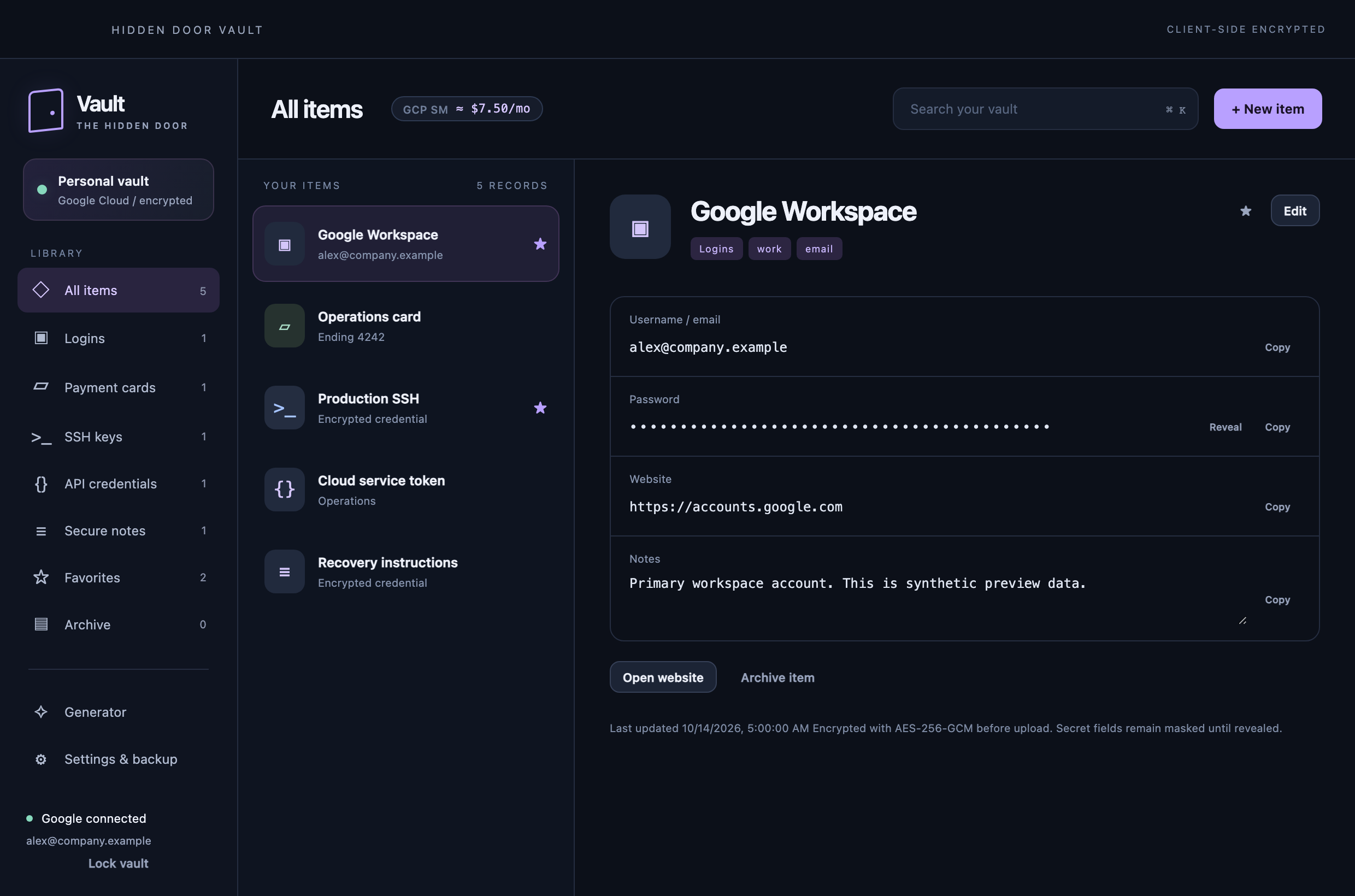 Hidden Door Vault showing its item list and an encrypted login record with synthetic demo data